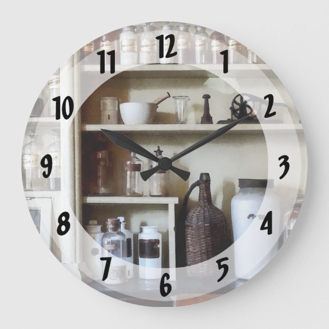 Mortar and Pestle and Bottles on Shelves Large Clock (Front)
