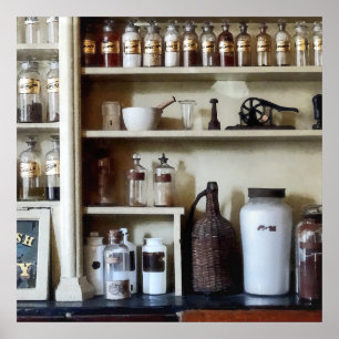 Mortar and Pestle and Bottles on Shelves Poster