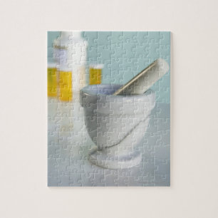 Mortar and pestle, pill bottles in background jigsaw puzzle
