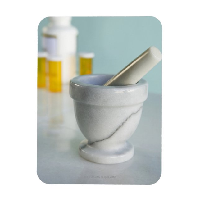 Mortar and pestle, pill bottles in background magnet (Vertical)