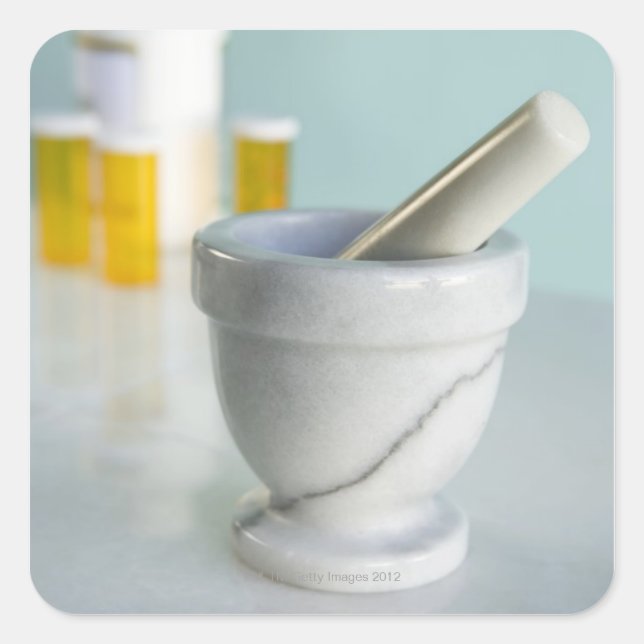 Mortar and pestle, pill bottles in background square sticker (Front)