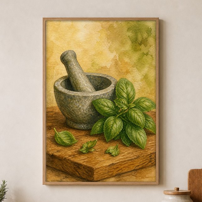 Mortar and Pestle with Basil Watercolour Poster (Shown framed for scale. Poster ships unframed; frames are an optional add-on.)