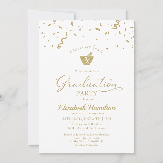 Mortar Pestle Pharmacy Grad Party Gold Confetti In Invitation (Front)
