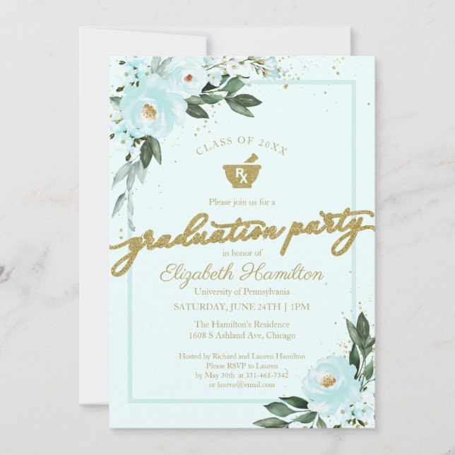 Mortar Pestle Pharmacy Grad Party Gold Teal Floral Invitation (Front)