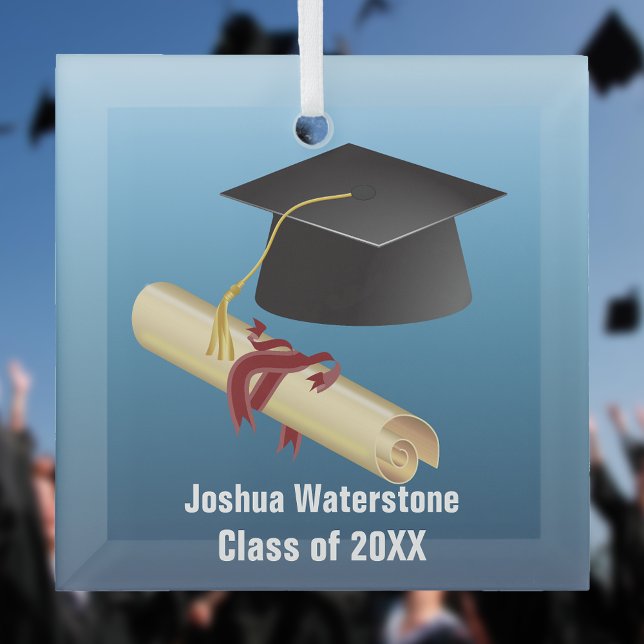 Mortarboard and Diploma Graduation  Glass Ornament (Creator Uploaded)