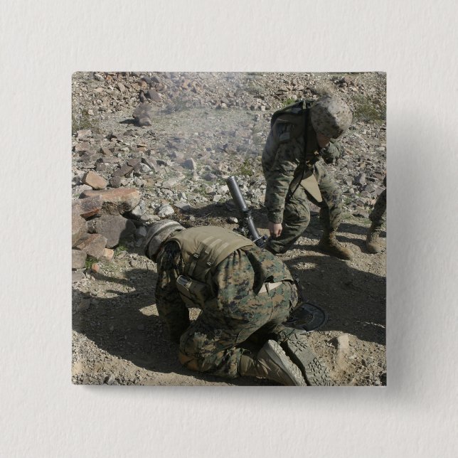 Mortarmen cover their ears and avert their eyes 2 inch square button (Front)