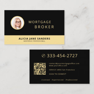 Mortgage broker photo QR code black gold luxury Business Card