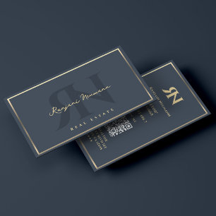 Mortgage Realtor Charcoal Blue Faux Gold Border Business Card