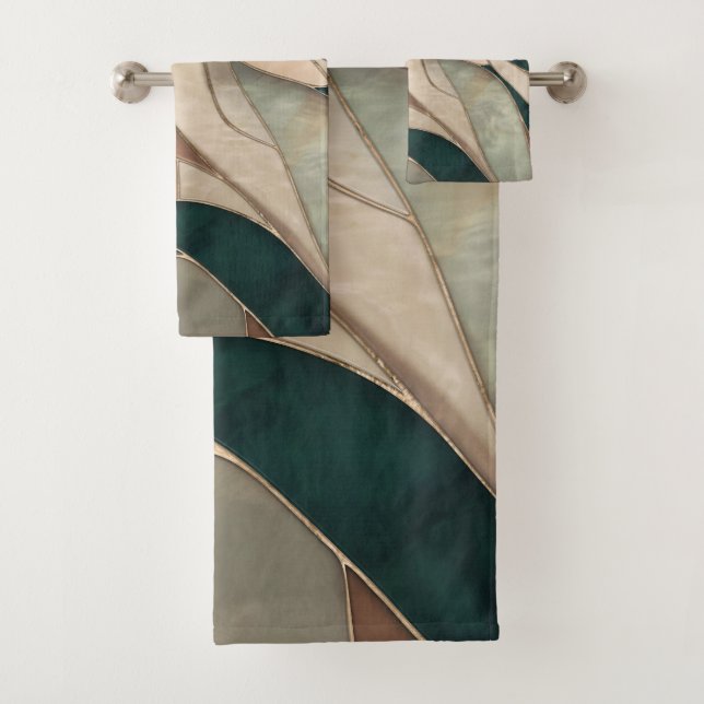 Mosaic Abstract art - Taupe and Emerald Bath Towel Set (Insitu)