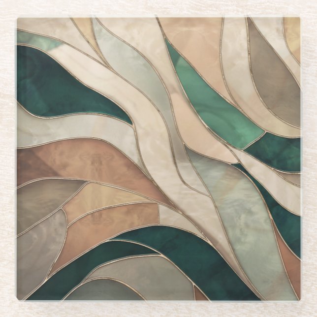 Mosaic Abstract art - Taupe and Emerald Glass Coaster (Front)