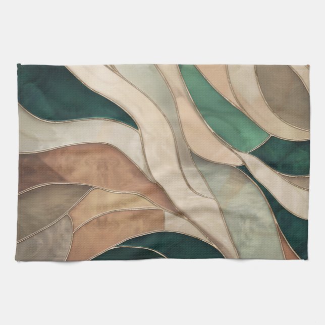 Mosaic Abstract art - Taupe and Emerald Kitchen Towel (Horizontal)