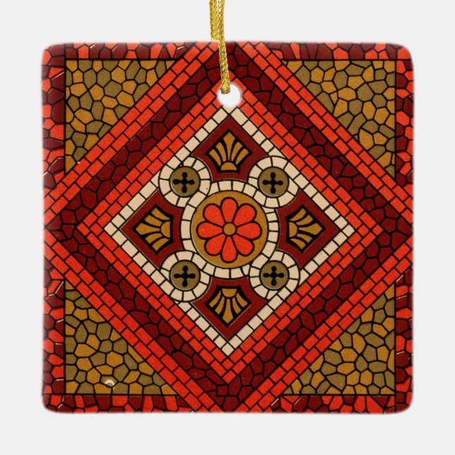 Mosaic Abstract Floral Art red and brown Ceramic Ornament (Front)