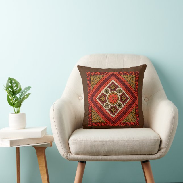 Mosaic Abstract Floral Art red and brown Throw Pillow (Chair)