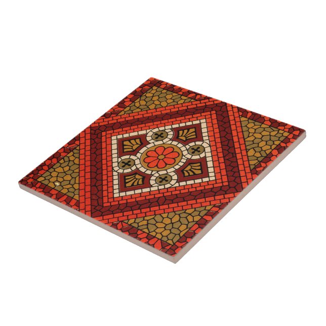 Mosaic Abstract Floral Art red and brown Tile (Side)