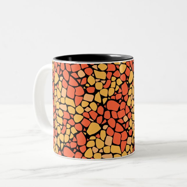 Mosaic abstract pattern tile yellow orange black Two-Tone coffee mug (Front Left)