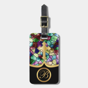 Mosaic Abstract Stain Glass Golden Cross Luggage Tag