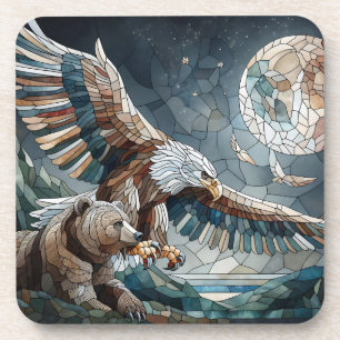 Mosaic Ai Art Brown Bear and an Eagle Full Moon Coaster