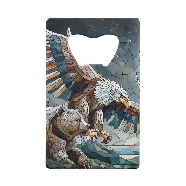 Mosaic Ai Art | Brown Bear and an Eagle Full Moon Credit Card Bottle Opener (Front)