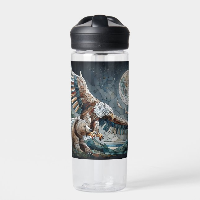 Mosaic Ai Art | Brown Bear and an Eagle Full Moon Water Bottle (Front)