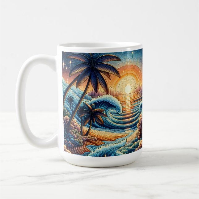Mosaic Ai Art | Ocean Sunset and Palm Trees Coffee Mug (Left)