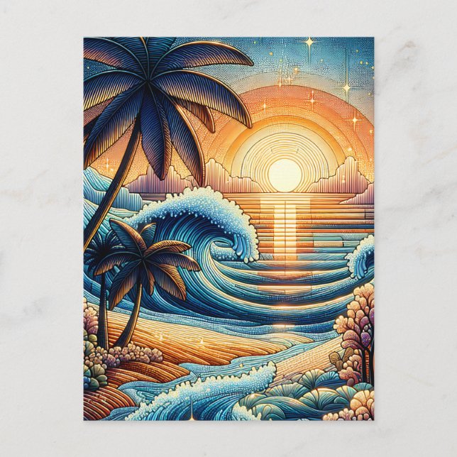 Mosaic Ai Art | Ocean Sunset and Palm Trees Postcard (Front)