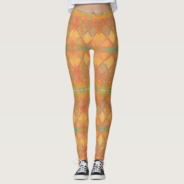 Mosaic amber orange jade green geometric design leggings (Front)