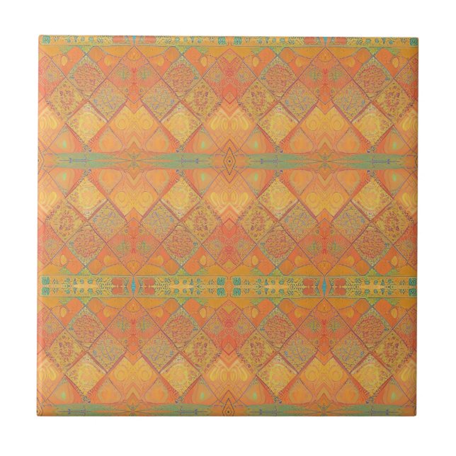 Mosaic amber orange jade green geometric design  tile (Front)