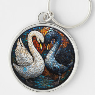 Mosaic Art Depicting Black and White Swans Keychain
