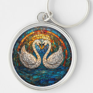 Mosaic Art Depicting White Swans Keychain