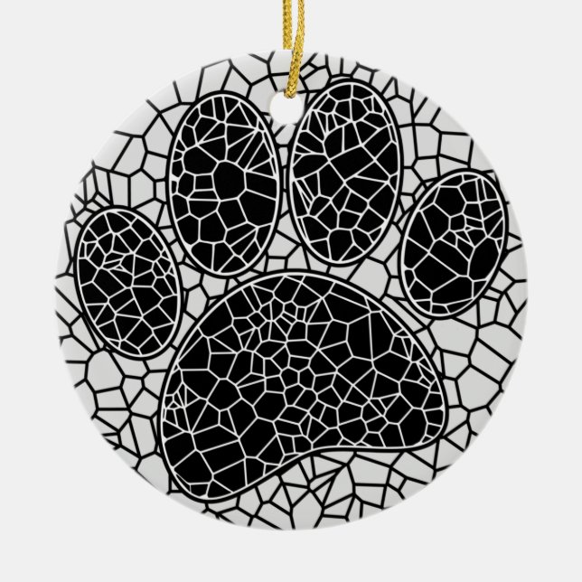 Mosaic Art Dog Paw Print In Black And White Ceramic Ornament (Front)