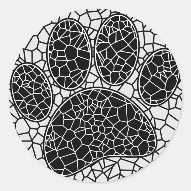 Mosaic Art Dog Paw Print In Black And White Classic Round Sticker (Front)