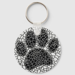 Mosaic Art Dog Paw Print In Black And White Keychain