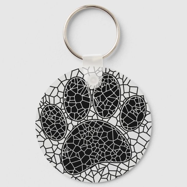 Mosaic Art Dog Paw Print In Black And White Keychain (Front)