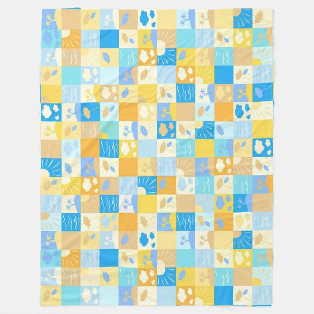 Mosaic beach and ocean inspired summer fleece blanket (Front)