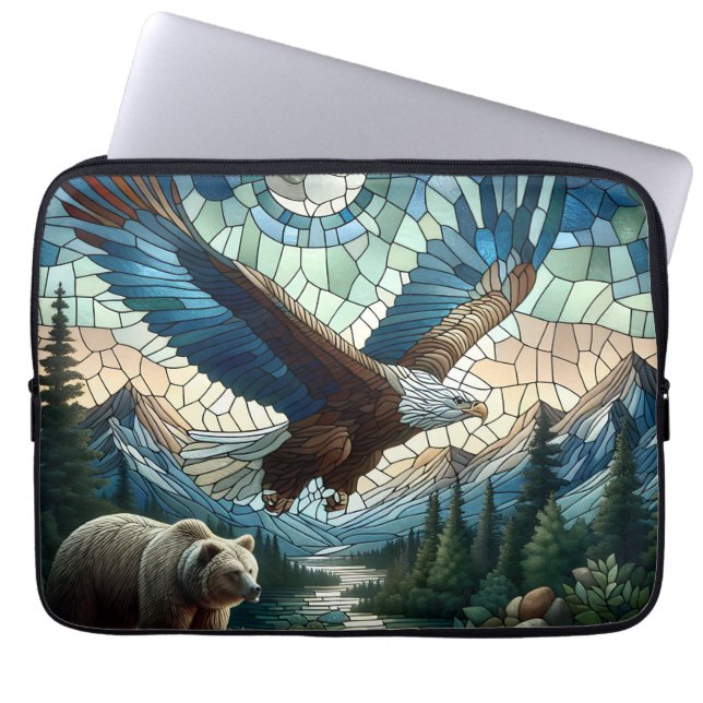 Mosaic Bear and Eagle in the Mountains Ai Art Laptop Sleeve (Front)