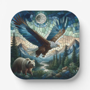 Mosaic Bear and Eagle in the Mountains  Paper Plate