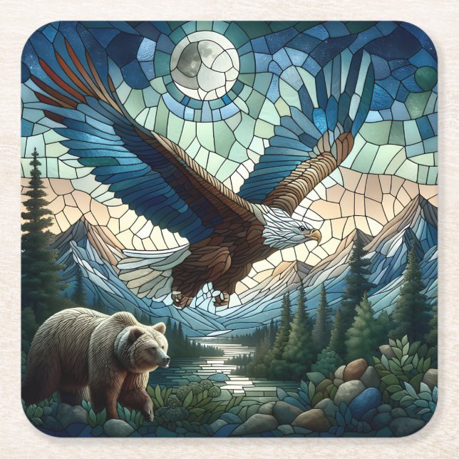 Mosaic Bear and Eagle in the Mountains  Square Paper Coaster (Front)
