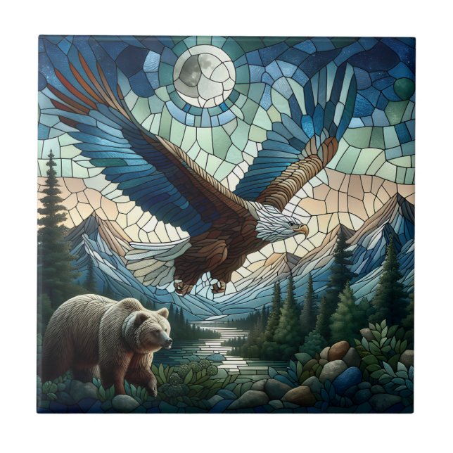 Mosaic Bear and Eagle in the Mountains  Tile (Front)