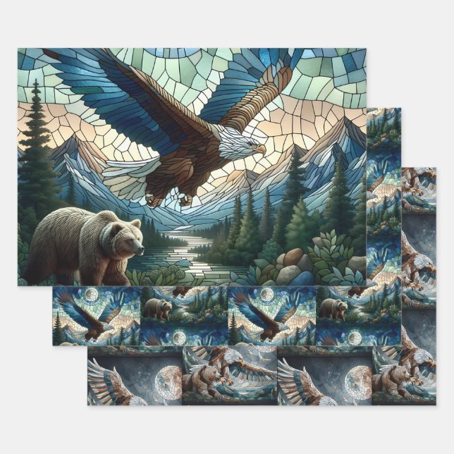Mosaic Bear and Eagle in the Mountains  Wrapping Paper Sheet (Set)
