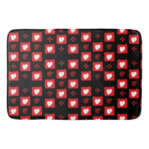 Mosaic black red squares white hearts tiles bath mat