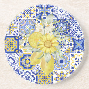 Mosaic Blooms in Blue and Yellow Coaster