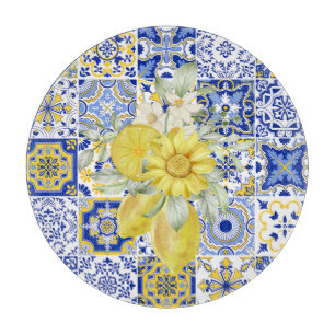 Mosaic Blooms in Blue and Yellow  Cutting Board