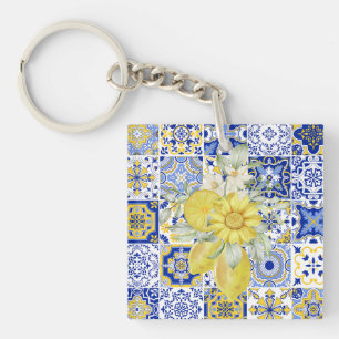 Mosaic Blooms in Blue and Yellow  Keychain