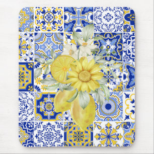 Mosaic Blooms in Blue and Yellow  Mouse Pad