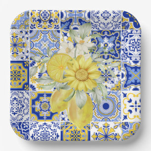 Mosaic Blooms in Blue and Yellow  Paper Plate