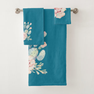 Mosaic Blue Colour and Watercolor Cactus Bath Towel Set