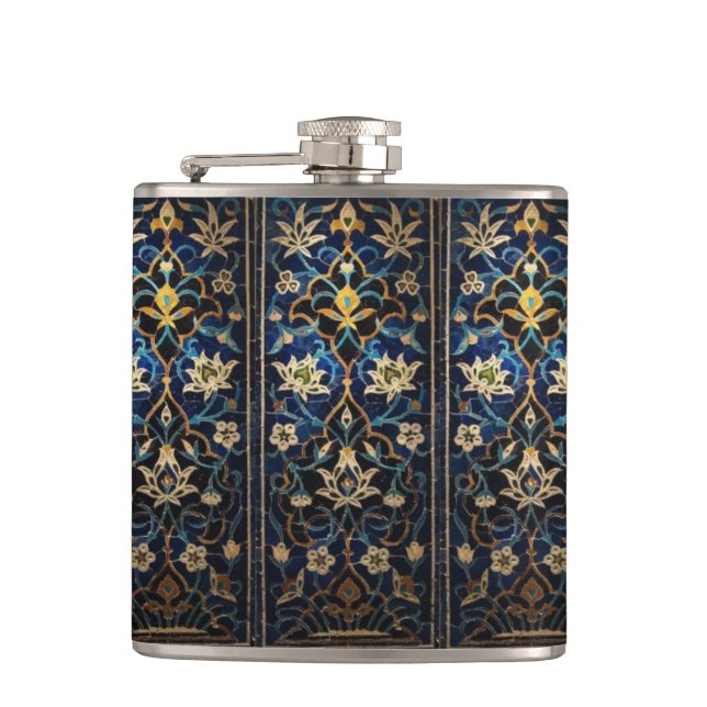 Mosaic Blue & Gold Floral Flask (Front)