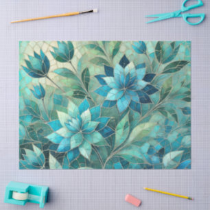 Mosaic Blue Teal Floral Pattern Decoupage Tissue Paper