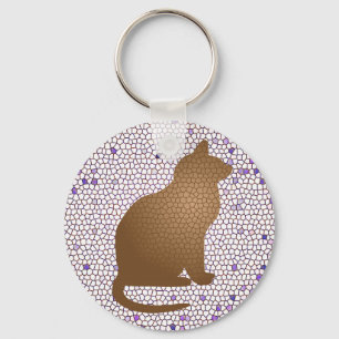 Mosaic Brown Cat with Purple Stained Glass Keychain