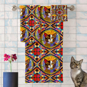 Mosaic Calico Cat in Colourful Glass Tiles Bath Towel Set